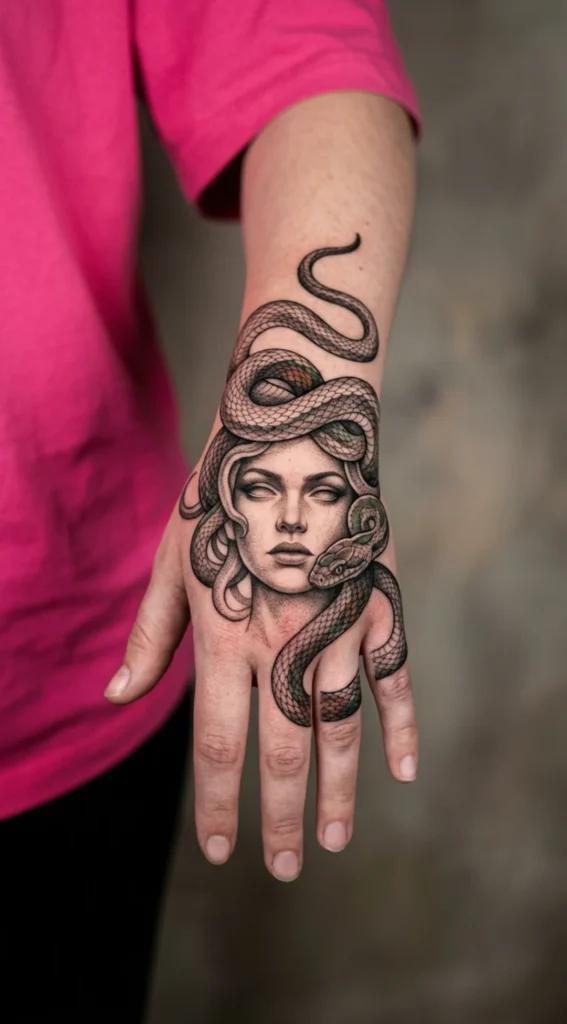 Snake Wrapped Medusa Hand Tattoo