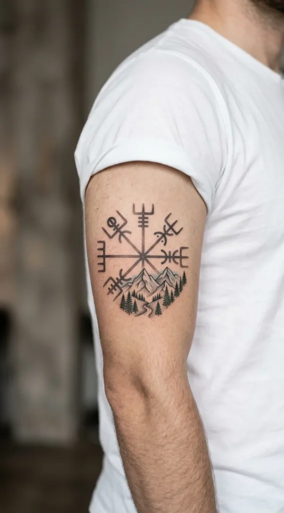 Vegvisir with Mountain Landscape Tattoo