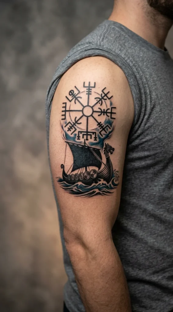 Viking Compass and Longship Tattoo