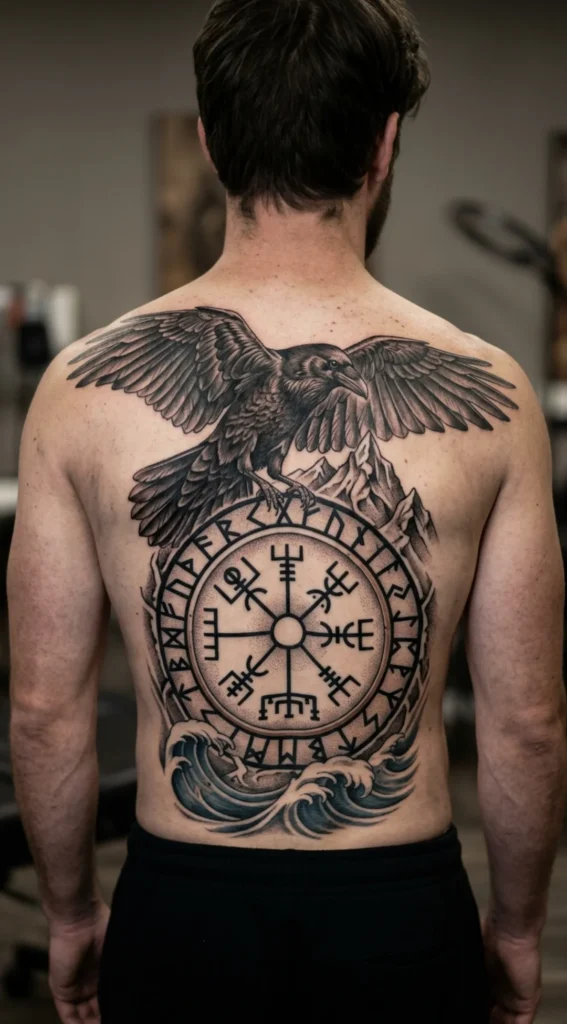 Viking Compass and Raven Back Tattoo