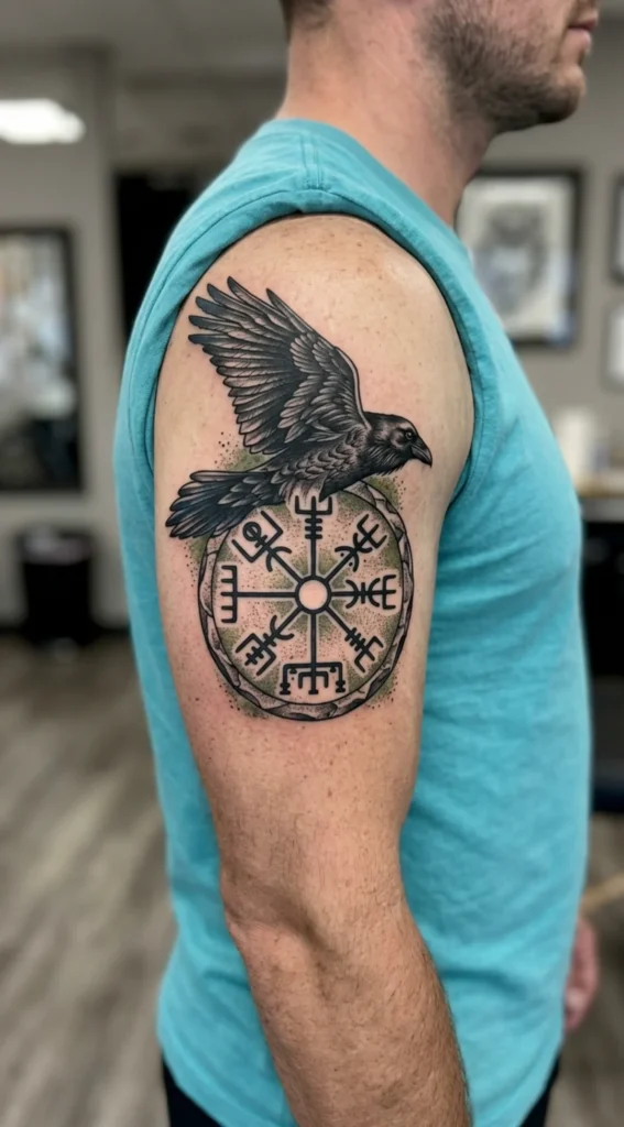 Viking Compass and Raven Tattoo