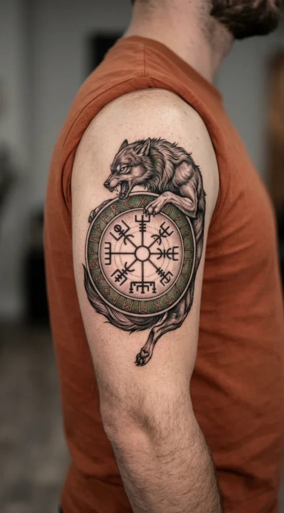 Viking Compass with Fenrir Wolf Tattoo