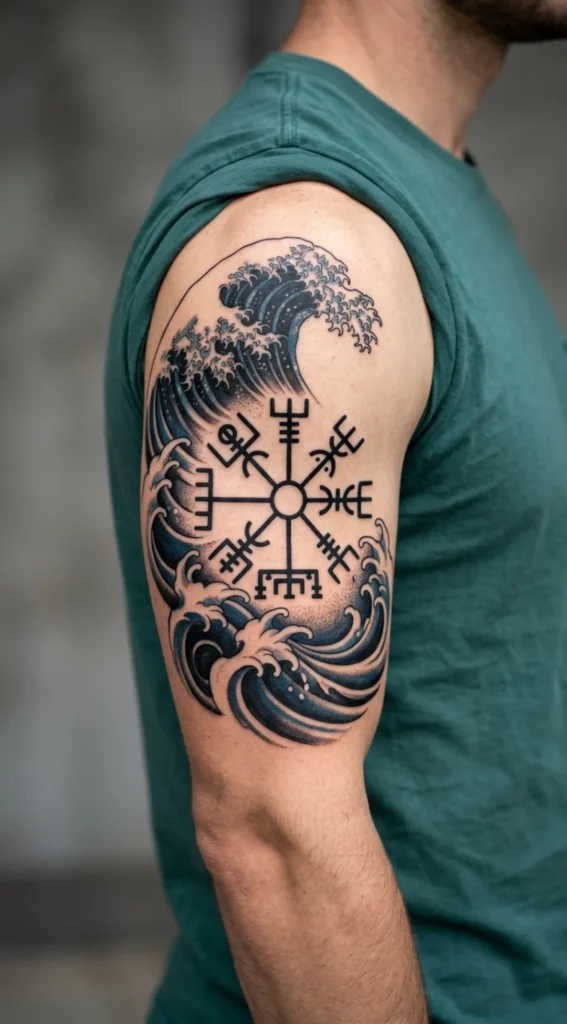 Viking Compass with Ocean Waves Tattoo