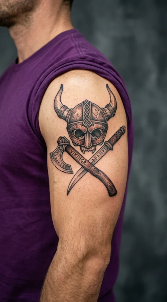 Viking Helmet and Battle Axe Tattoo