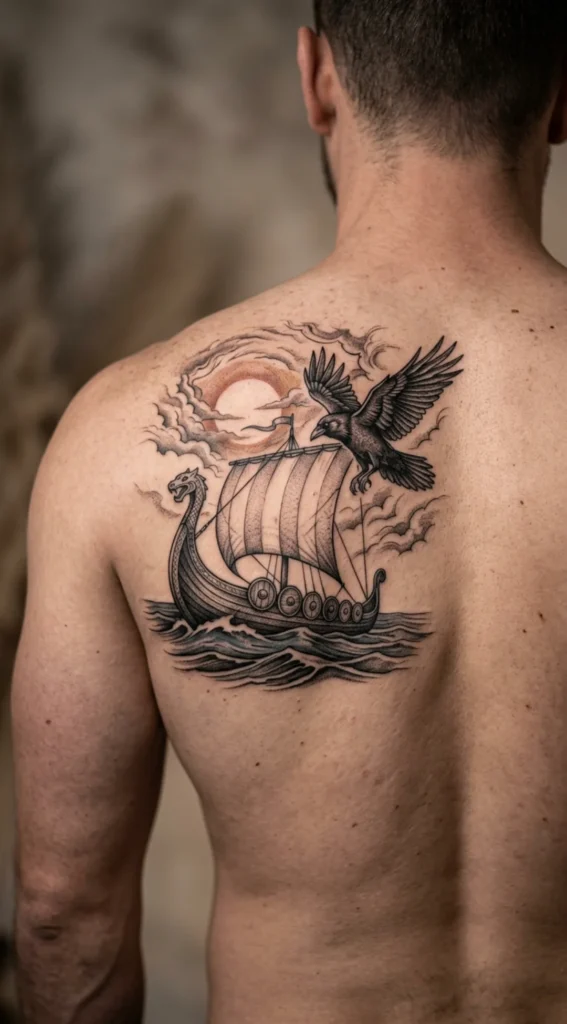 Viking Longship and Raven Tattoo