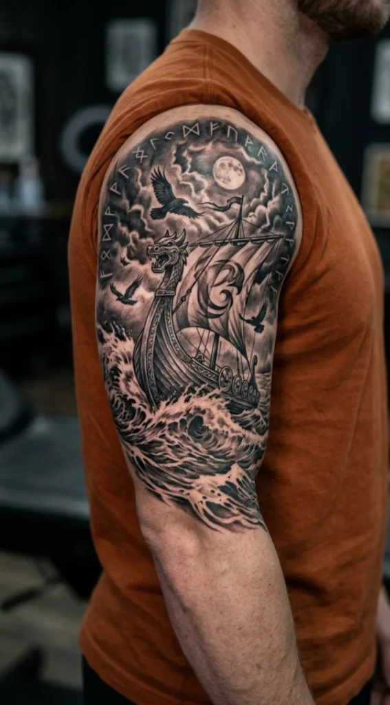 Viking Longship in Storm Tattoo