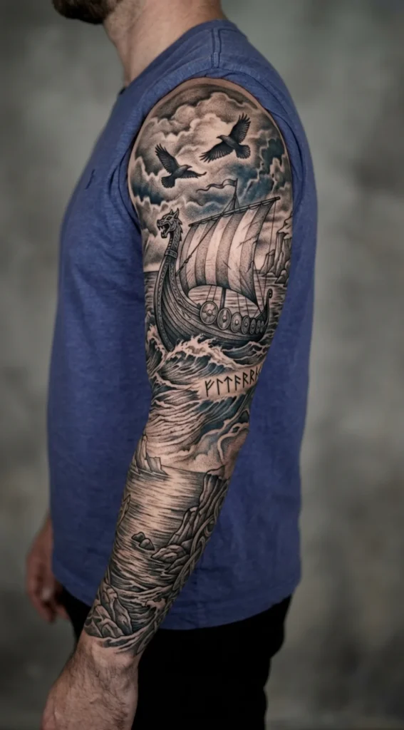 Viking Ship Sleeve Tattoo
