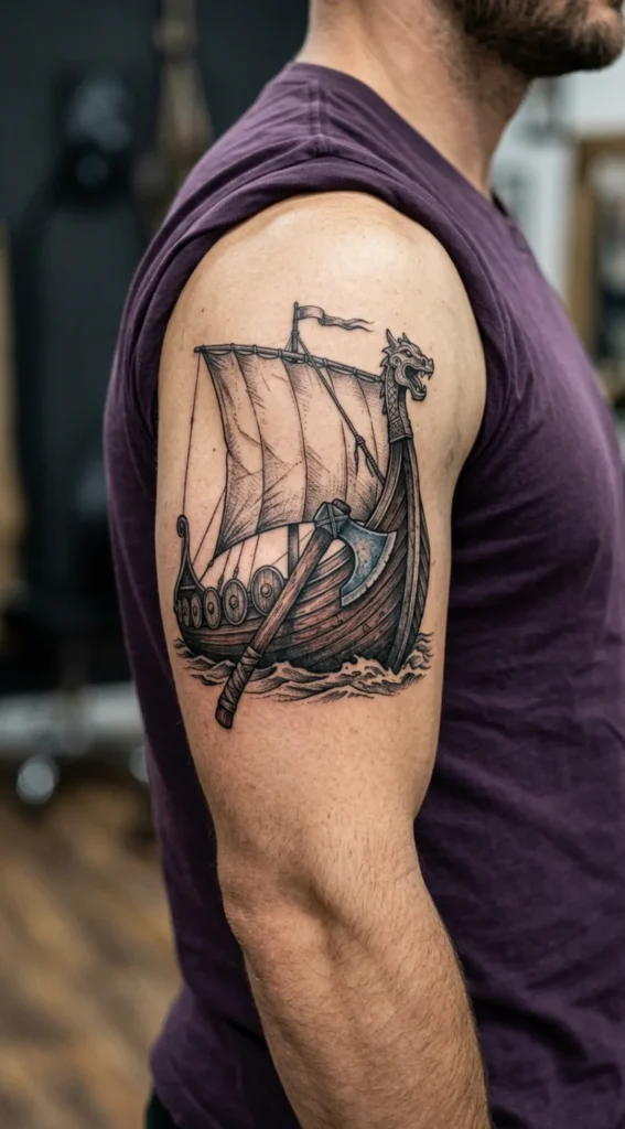 Viking Ship with Battle Axe