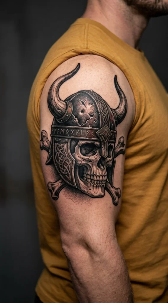 Viking Skull with Horned Helmet Tattoo