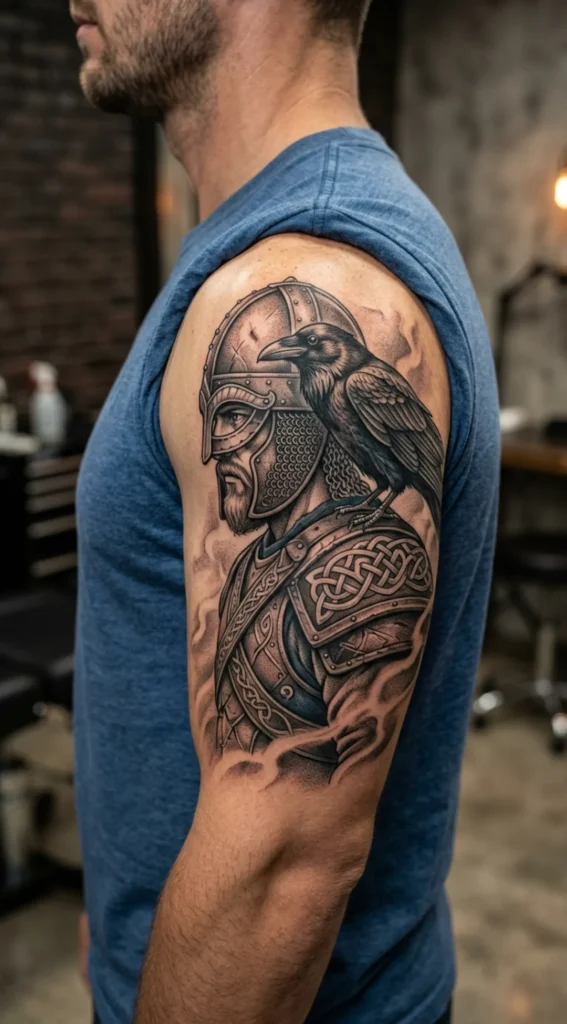 Viking Warrior with Raven Shoulder Tattoo
