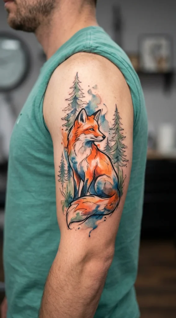 Watercolor Fox with Trees