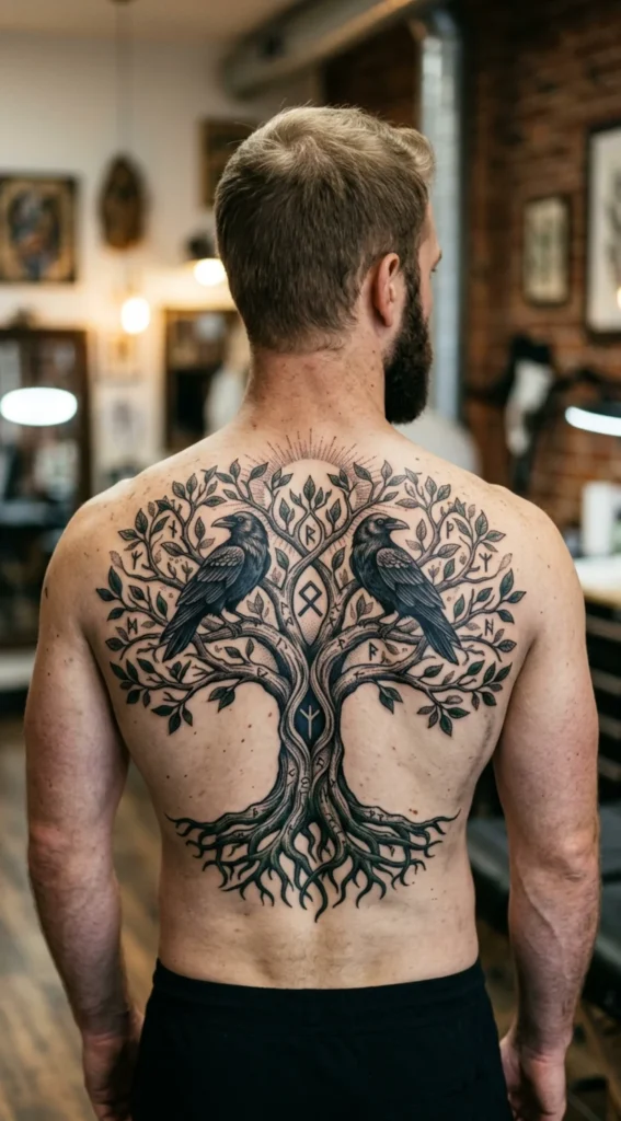 Yggdrasil with Twin Ravens Tattoo