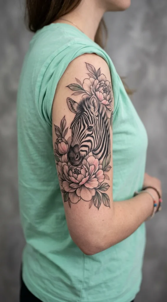 Zebra Head with Peony Flowers