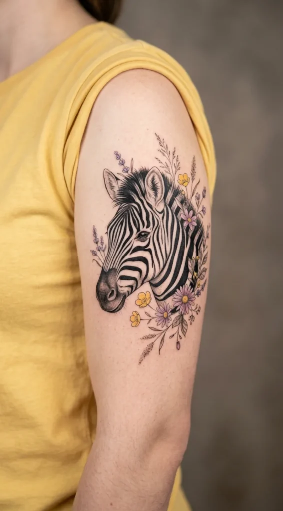 Zebra Head with Wildflowers