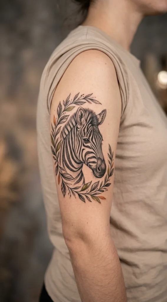 Zebra Portrait with Leafy Frame