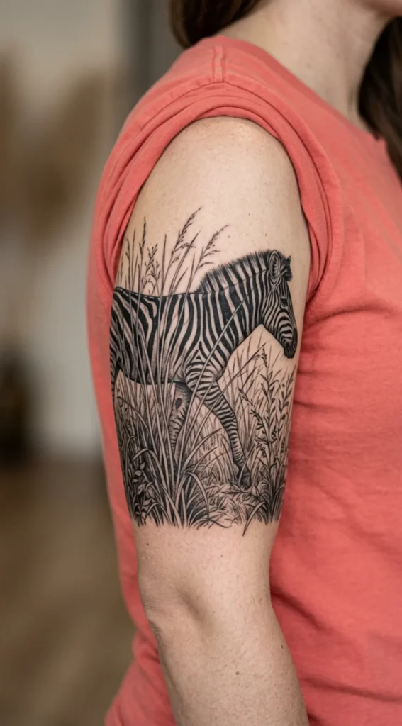 Zebra Walking Through Tall Grass