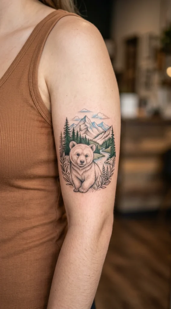Bear Cub With Mountain Background
