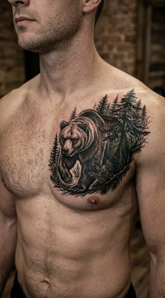 Bear Emerging From Pine Forest