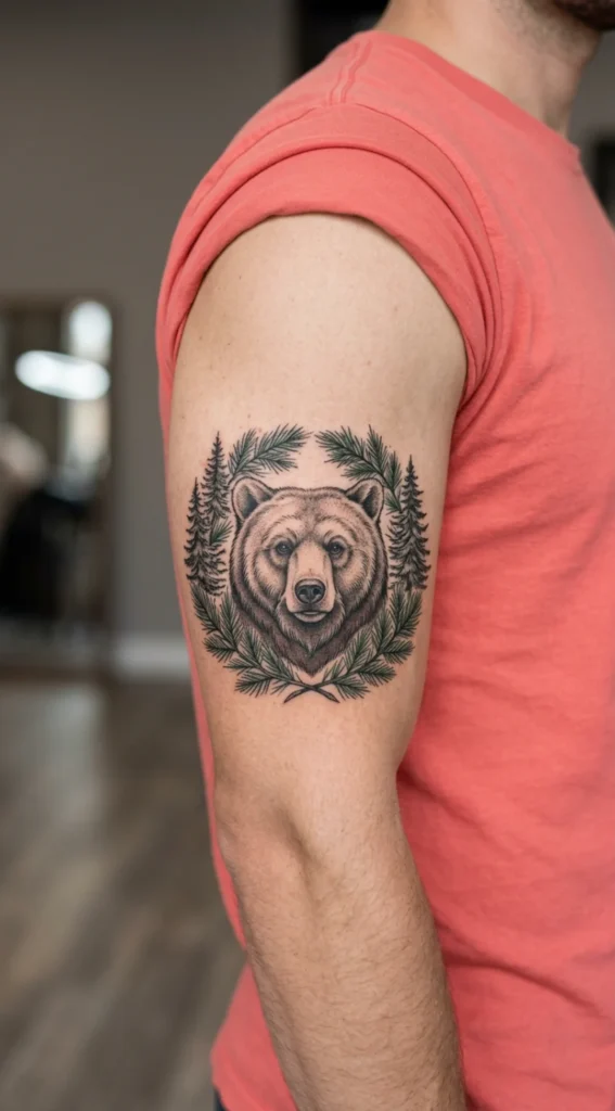 Bear Head Surrounded by Pine Trees