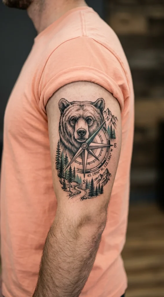 Bear Head With Compass and Wilderness Details
