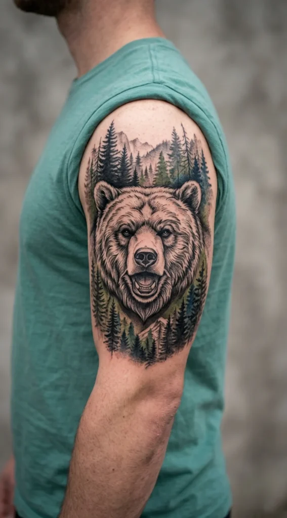 Bear Head With Forest Background