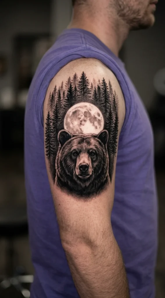 Bear Head With Forest and Moon Background
