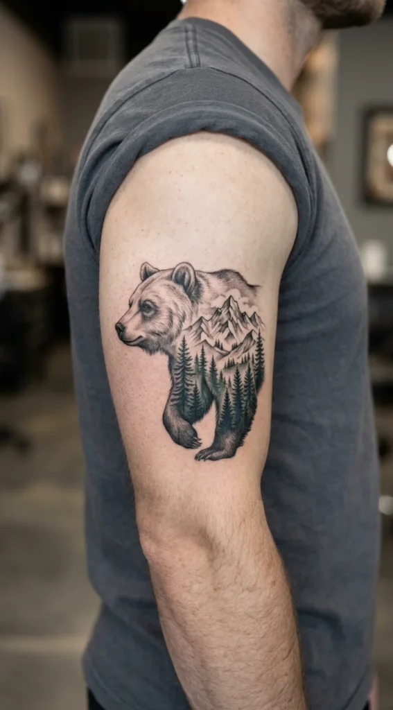 Bear Profile With Mountain Scenery