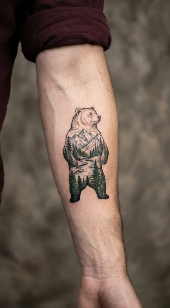 Bear Silhouette With Wilderness Scene