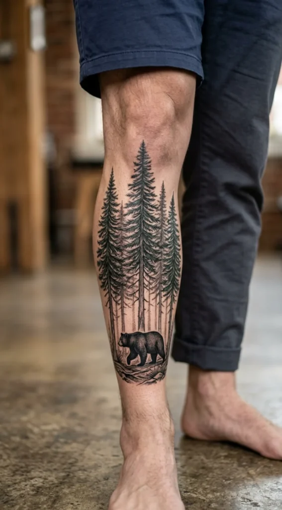 Bear Walking Beneath Tall Pines