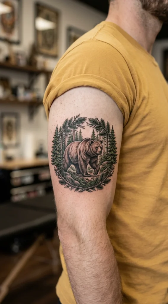 Bear With Pine Forest Frame