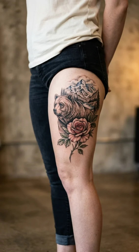 Bear With Rose and Mountain Scene