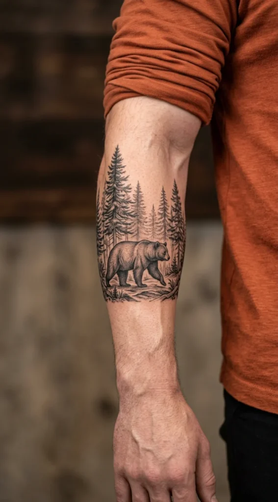 Black Bear Walking Through Pine Trees