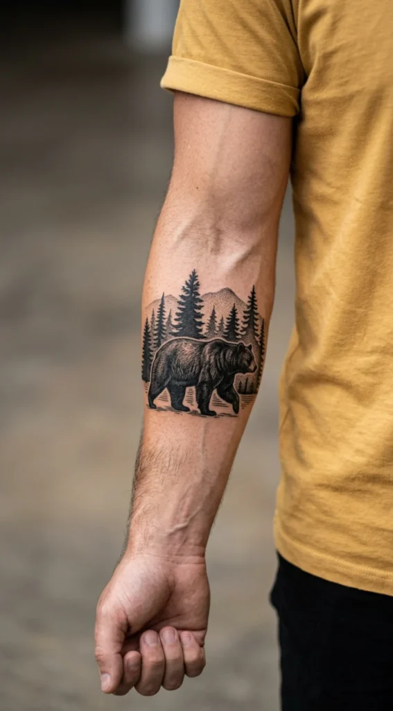 Black Bear Walking Through Pines