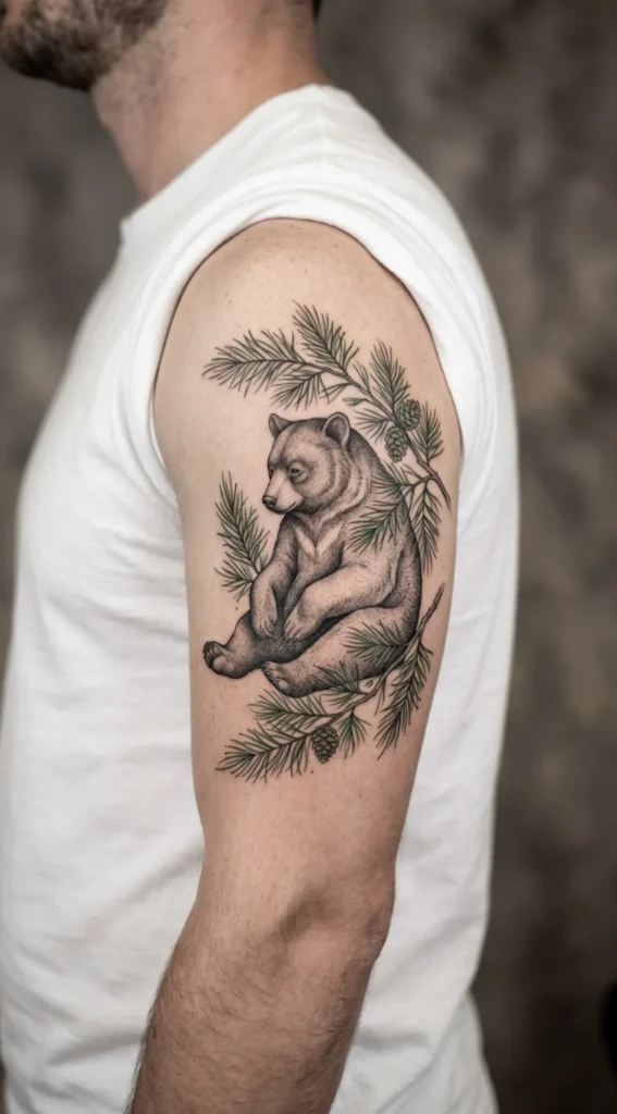 Black Bear With Pine Branches
