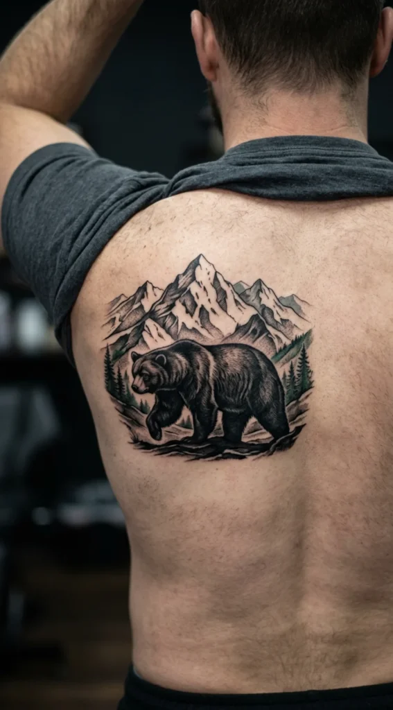 Black Bear With Snowy Mountains