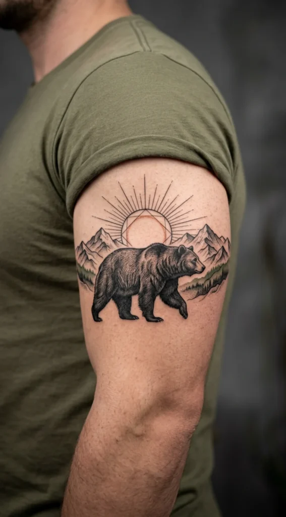 Black Bear With Sun and Mountains