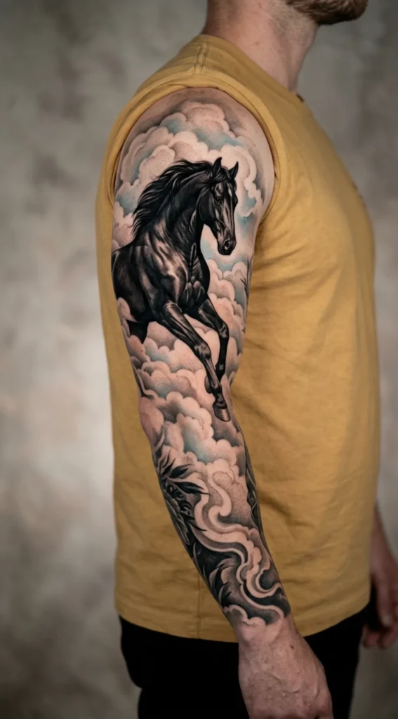 Black Horse Full Sleeve with Clouds