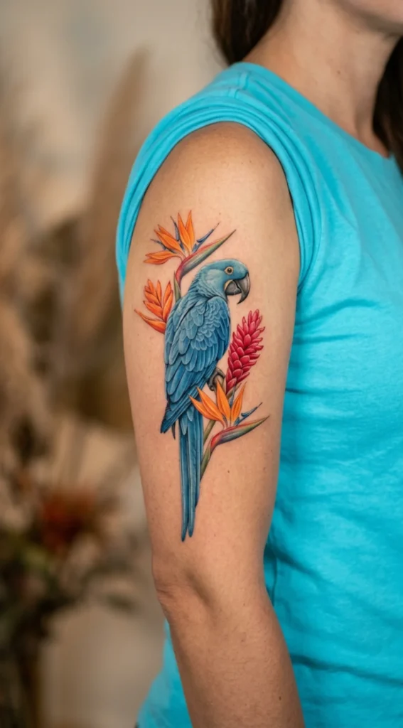 Blue Macaw with Exotic Tropical Flowers