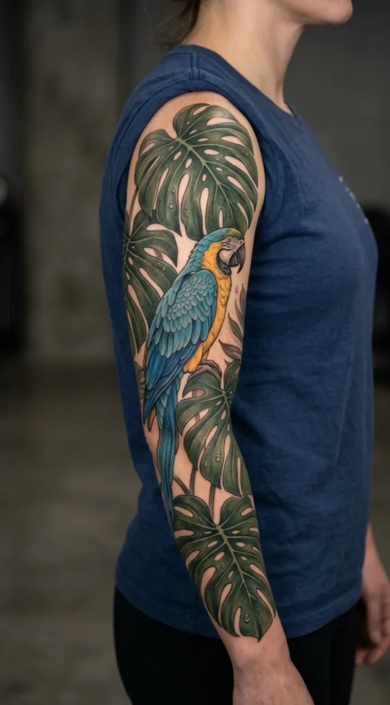 Blue and Gold Macaw with Monstera Leaves