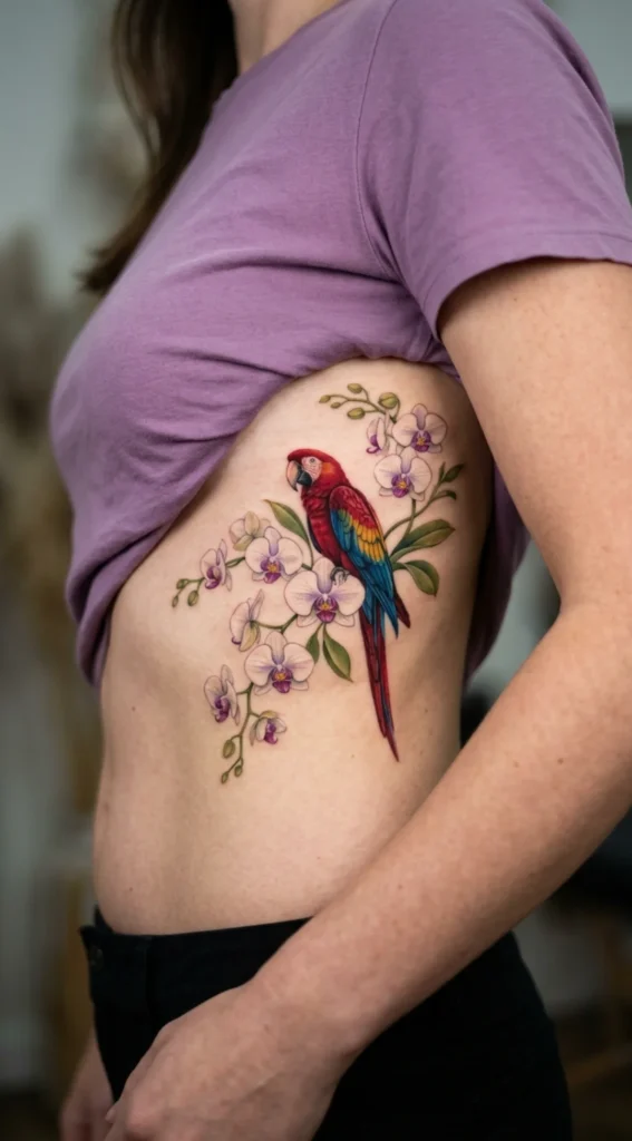 Colorful Macaw with Orchid Blooms