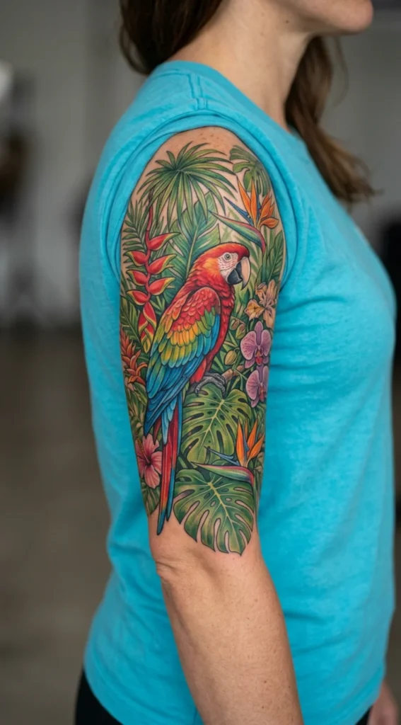 Colorful Parrot Surrounded by Tropical Foliage