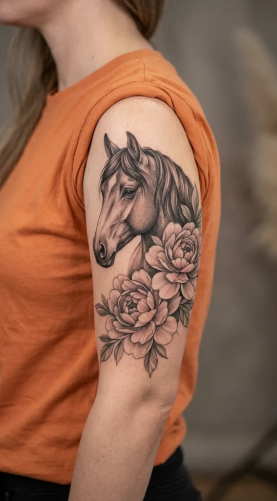 Elegant Horse with Peony Flower Details