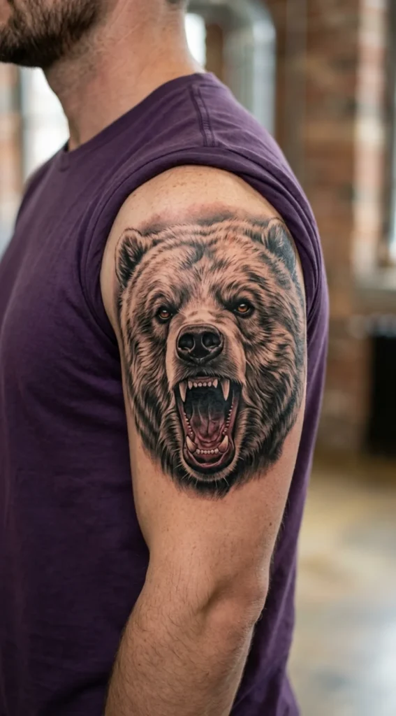 Fierce Grizzly Bear With Open Mouth