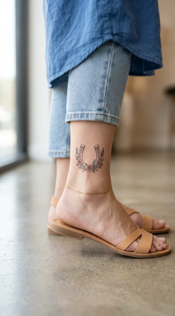 Floral Horseshoe Ankle Tattoo