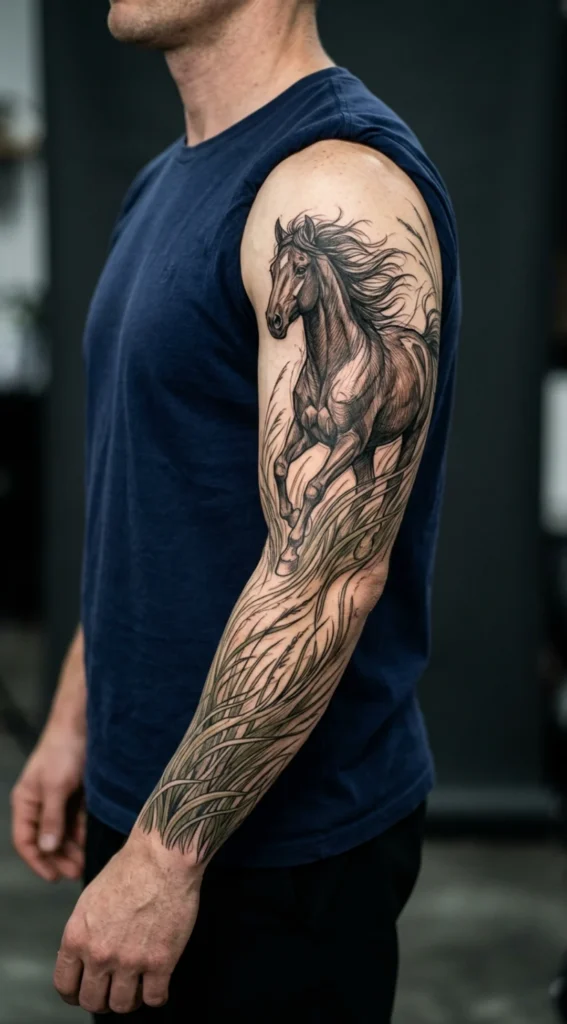 Galloping Horse Full Sleeve with Tall Grass