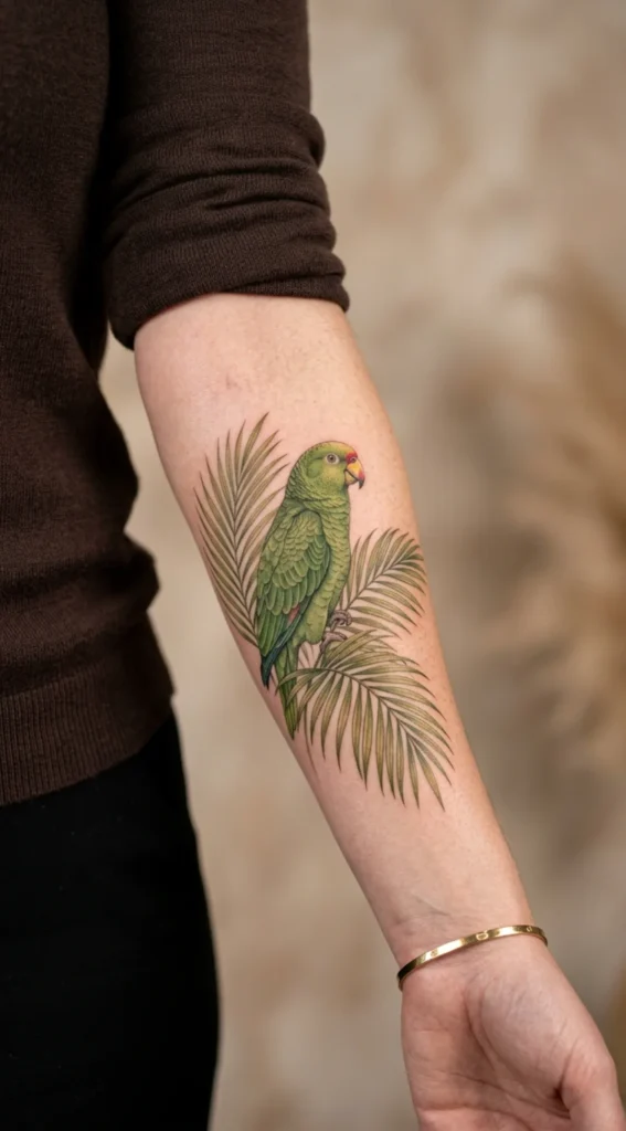 Green Parrot Perched Among Palm Leaves