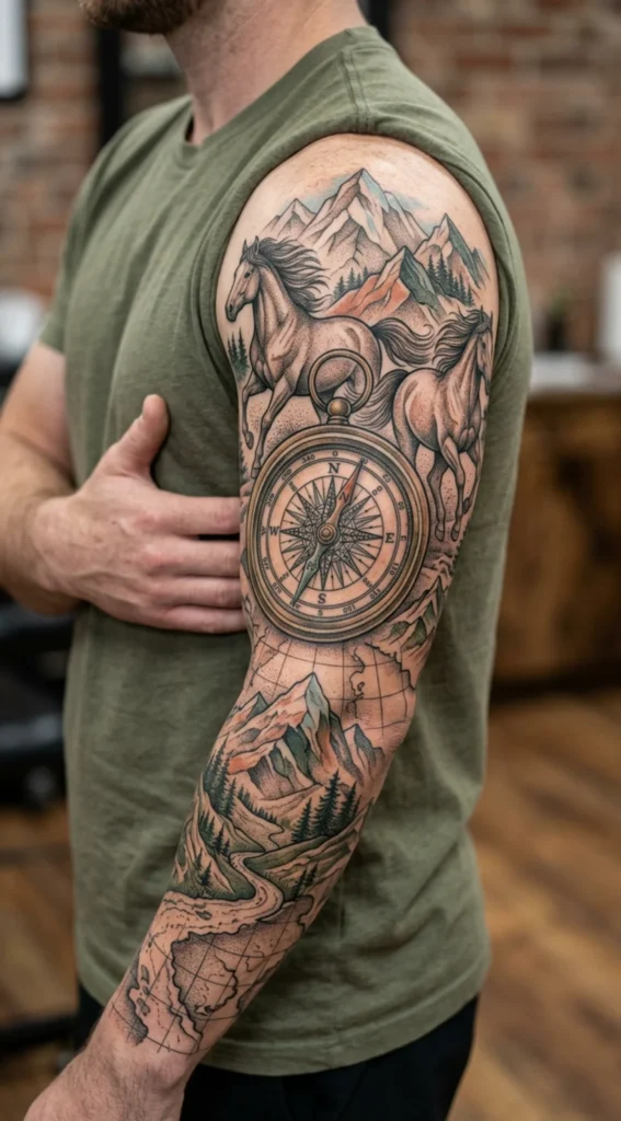 Horse Full Sleeve with Compass and Mountains