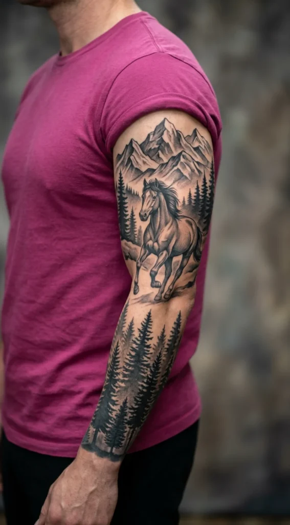 Horse Full Sleeve with Mountains and Pines
