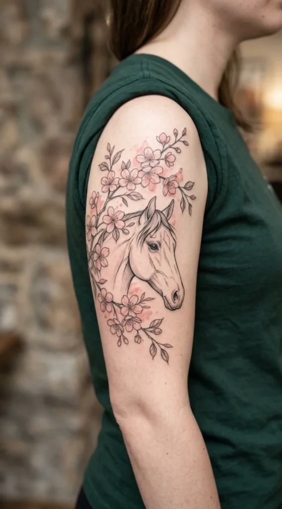 Horse Head with Cherry Blossom Flowers