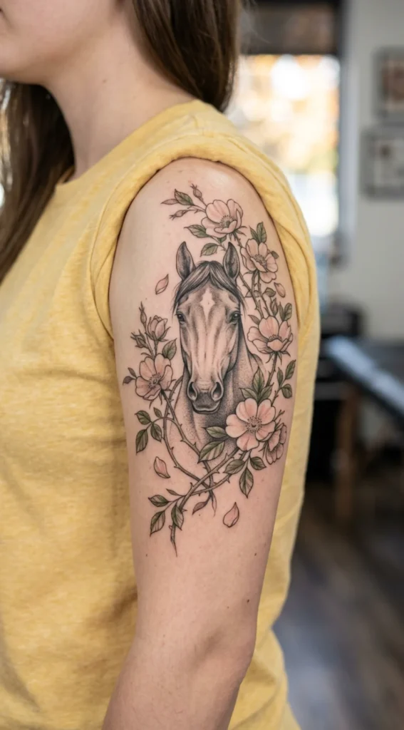 Horse Portrait Surrounded by Wild Roses